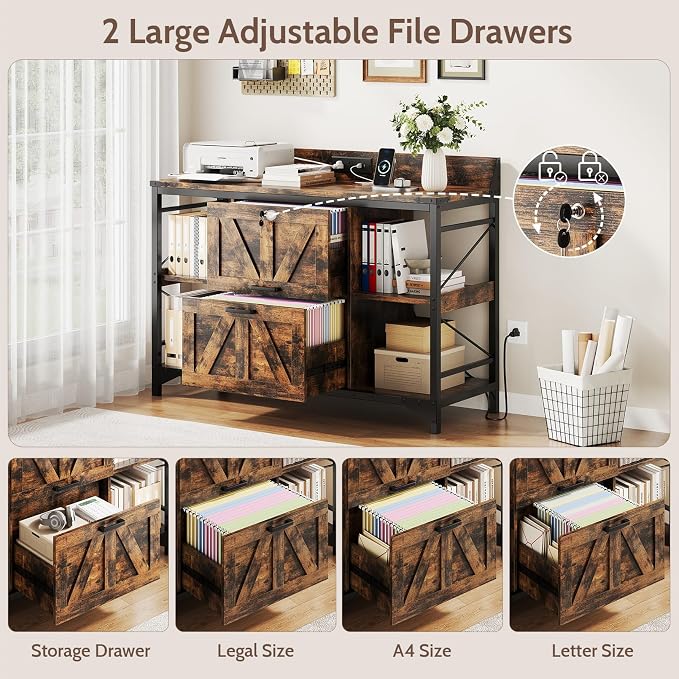 44" File Cabinet, Lateral Filing Cabinet for Home Office with 2 Drawers, Office Storage Cabinet with Lock and Key, Wooden Printer Stand with 4 Storage Shelves, Power Outlets, Bookshelf, Rustic Brown