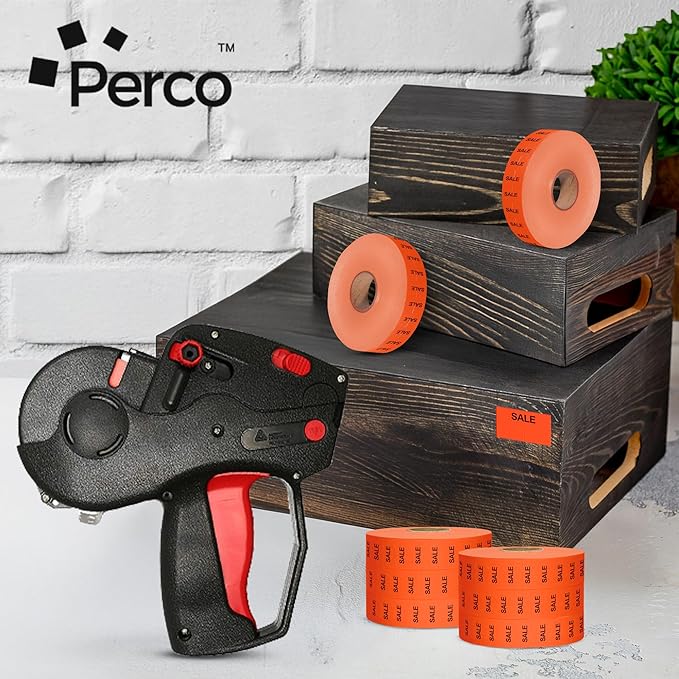 Perco Sale Fluorescent Red Pricing Labels for Monarch 1131 Price Gun - 1 Sleeve, 8 Rolls, 20,000 Price Marking Labels - with Ink Roll Included