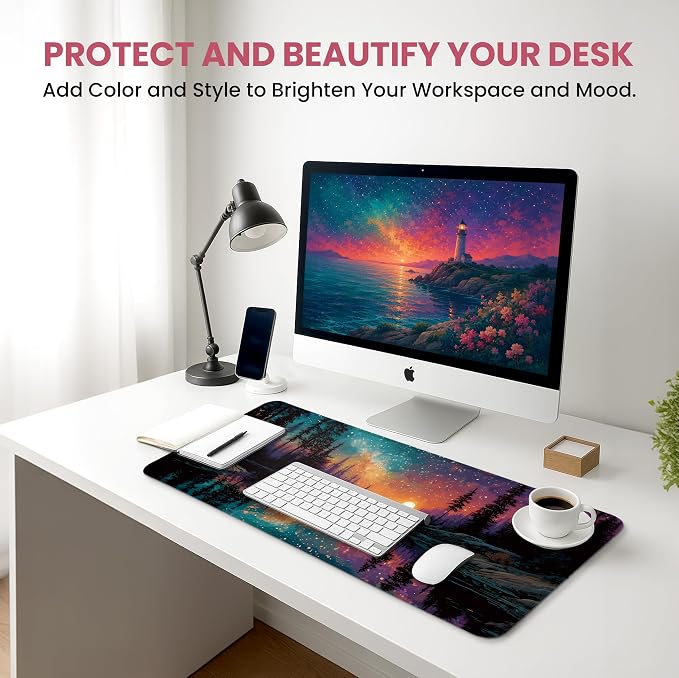 Aesthetic Desk Mat, Cute Aurora Lake Desk Pad Protector for Work & Decor, 31.5" x 11.8", Pretty Non-Slip Extended Mouse Pad for Office or Home