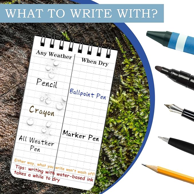 6 Pack Waterproof Notebook, 3 x 5 Pocket Notepad, Top-Spiral Weatherproof NotePad, All Weather Police Pocket Notebook Little Memo Steno Note Pads for Outdoor Office School Recording