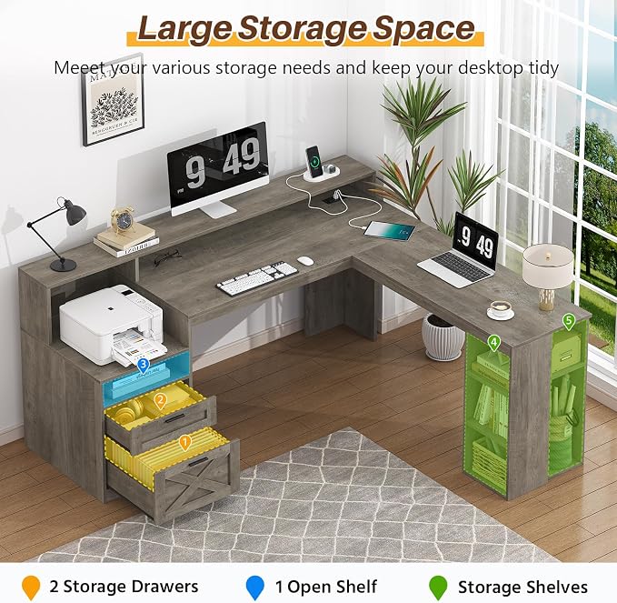 63" Farmhouse L Shaped Desk with Drawers & Storage Shelves for Home Office | Corner Desk with Power Outlets & LED Lights, L-Shaped Office Desks with File Drawer, Printer Shelf, Monitor Stand, Grey