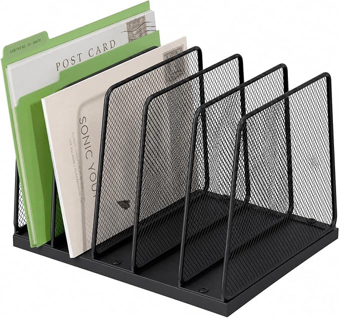 5-Section Vertical File Organizer for Desk, Sturdy Wood Base & Metal Mesh Desktop File Holder, Upright Paper Folder Sorter for Office Supplies（Black）