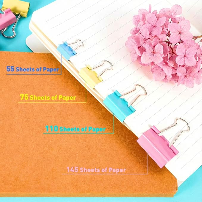 180 Pcs Binder Clips Assorted Sizes, Colored Binder Paper Clips Office Clips Office Supplies, 4 Sizes Cute Binder Clips Large Medium Small Paper Clips Paper Clamps for Home School Business (Colored)