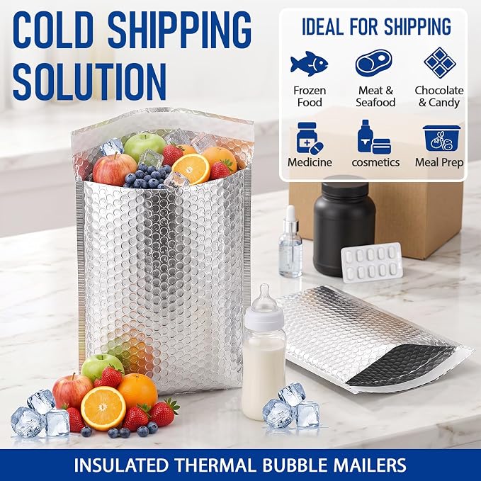 50 Pack 6.5 x 11 Inch Insulated Bubble Mailers, Silver | Self Adhesive Closure, Foil Lined Interior, Padded Cushioning, Waterproof, Cold Delivery Packing, for Food and Cosmetics