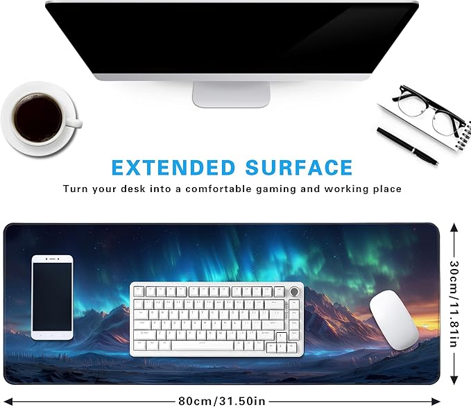 Extra Large Gaming & Office Mouse Pad 31.5" x 11.8" – Aurora Borealis Over Winter Landscape Snow Mountains & Captivating Night Sky, Desk Mat with Durable Stitched Edges for Home&Game Decor