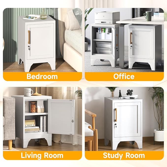 23.6" H Metal Locker Nightstand Set of 2,White Locking Night Stand with Door and Adjustable Shelf, Small Locker Cabinet with Detachable Legs for Home Office,Living Room or Bedroom,Easy Assembly