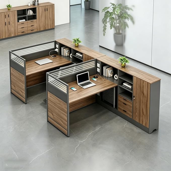 Modern Office Workstation Desk with Side Storage Cabinet, Tempered Glass Privacy Panels, USB Charging Hub & Cable Management, Modular Cubicle Desk for Office Work (C - Right, 2P-A)