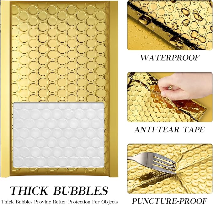 Fuxury Gold Bubble Mailers 4x8" 50 Pack, Usable Size 4X7" Strong Adhesion Metallic Bubble Envelopes,Waterproof Padded Envelopes Small Padded Mailer, Cute Packing for Jewelry, Makeup Supplie,Bulk #000