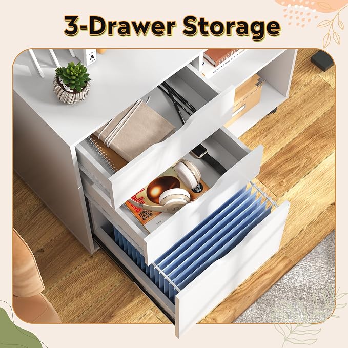 DEVAISE 3 Drawer File Cabinet, Lateral Filing Cabinet White | Mobile Printer Stand, Open Storage Shelves, Letter & A4 Compatible, Wood, Home Office