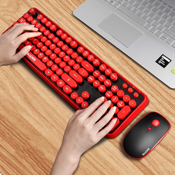Red Wireless Keyboard and Mouse Combo,Typewriter Bubble Keys,for PC Laptop | Retro Round Keycaps,Clicky Sound,2.4GHz USB Receiver,Creamy Aesthetic Style,Full Size with Number Pad for Computer Desktop