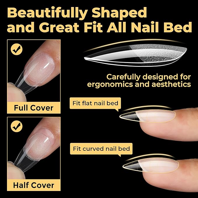 UNA GELLA Medium Almond Nail Tips, Almond Gel Nail Tips, 240pcs Pre Etched Soft Gel Full Cover Press on Clear Acrylic Fake Nails for Nails Extensions No C Curve DIY Salon at Home 12 Sizes