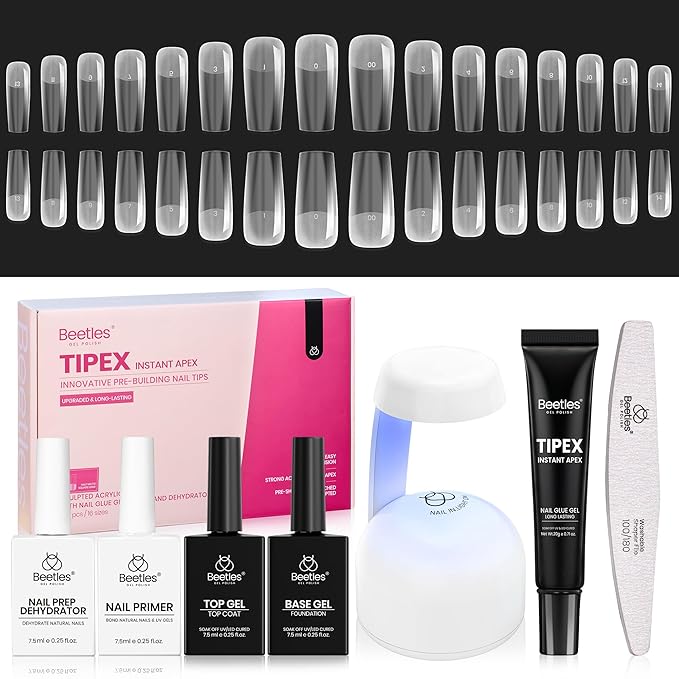 Beetles Tipex Instant Apex Nail Tips Kit with Dehydrator & Primer, Long Square, 224PCS 16 Sizes, Reinforced Apex for Strong Long-Lasting Wear, 20g Solid Nail Glue, Mini UV Lamp, Base & Top Coat