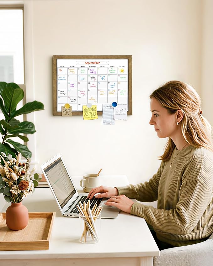 Small Dry Erase Monthly Calendar Whiteboard, Magnetic Surface White Board for Wall, Office/School/Home, Solid Pine Wood Rustic Brwon Frame Hanging Board & Planning Board, 13"x 17" (YL-RB-3343-B)