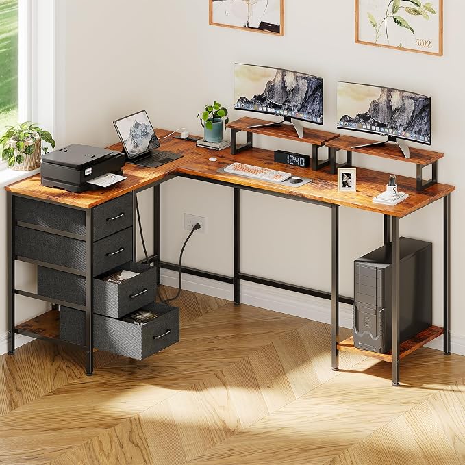 Korfile 59 inch L Shaped Computer Desk with Power Outlets, Rustic Brown | Ideal for Home Office, Bedroom, Corner, 4 Adjustable Storage Drawers, 2 Monitor Stands, Reversible, Two Person Gaming Table