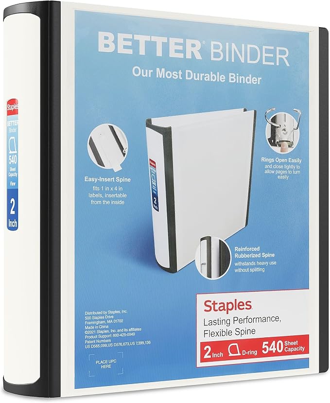 Staples Better Binder, 2-Inch 3-Ring, White, Locking Rings, 2-Pack | Wide spine view binder with durable construction for office organization.
