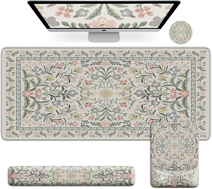 iCasso Mouse Pad with Wrist Rest,Ergonomic Large Desk Mat Set, Gray | Keyboard Pad with Wrist Support, Non-Slip Mouse Mat for Women, Cute Floral Computer Mat for Home Office Gaming