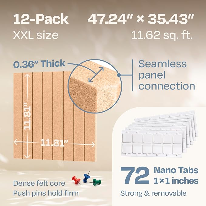 X-Large Cork Board Alternative 12-Pack Felt Bulletin Board Thick and Decorative Pin Board for Home Office Walls 47.24 x 35.43 Inches with 72 Adhesive Tabs - [Soft Camel]