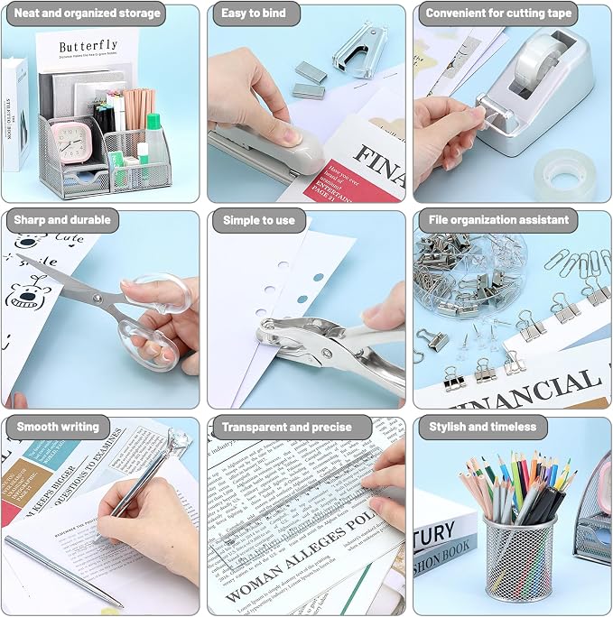 13-in-1 Office Desk Organizer Set for Back to School Supplies Accessories | Organizer Set with Stapler and Tape Dispenser, Pen Holder, Scissors, Ruler, Hole Punch, 2 Pens & More Desk Supplies
