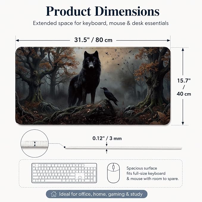 Moody Forest Wolf Raven Gothic Large Mouse Pad 31.5x15.7 Inch,M002 | Dark botanical wolf raven crow desk mat for home office dorm computers, gothic office decor and vintage desk accessories