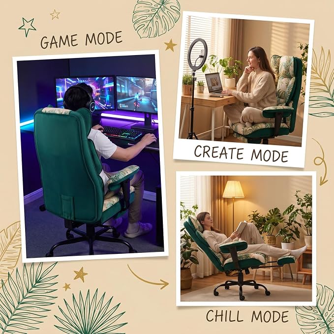 Efomao Watercolor Fabric Executive Office Chair Home Foot Rest, Green | Soft Breathable Computer Desk Seat, Plush Comfy Cushion, Aesthetic Pastel Floral Patterns for Studio Vanity Cozy Setup
