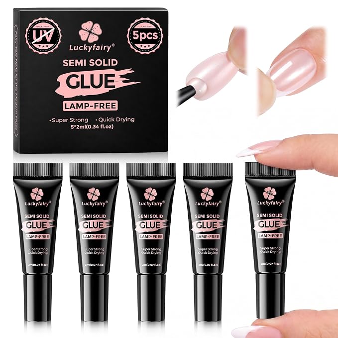 Luckyfairy Super Strong Nail Glue 5PcsX2g for Press On Nails | Quick Drying, Semi Solid Nail Glue Gel For Acrylic Fake Nails Tips, Mini Tubes, Mess-Free, No Lamp Needed, Beginners-Friendly