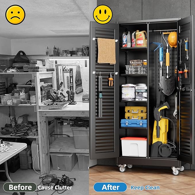 Aobabo Lockable Metal Storage Cabinet with 4 Adjuatable Shelves,Garage Storage Cabinet with Wheels and 5 Remove Pegboard,Required Assembly,Black,70.87''H*31.5''W*15.75''D
