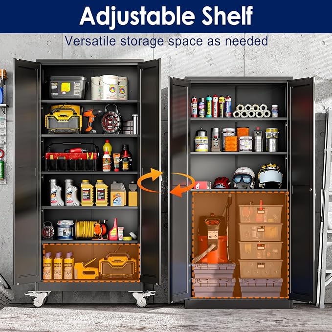 erosoei 75" H Metal Garage Storage Cabinet, Rolling Tool Cabinet with 2 Doors and Wheels, Locker Steel Cabinet with 5 Adjustable Shelves, Organization Cabinet for Garage,Office,Home,Gym,School（Black）