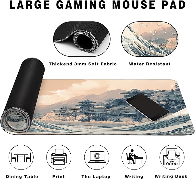Long Gaming Mouse Pad Extended Anime Large Desk Pad with Non-Slip Base Full Keyboard Mat with Stitched Edges for Gaming and Office 31.5 x 11.8 inches (Town Wave)