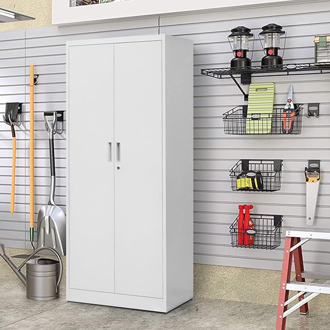 Wanfu Metal Storage Cabinet, 71”H Locking Storage Cabinet with 5 Adjustable Shelves, Steel Cabinets for Garage, Home, Office, Pantry (White)