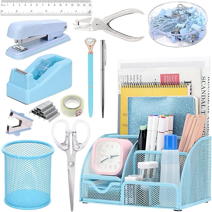 13-in-1 Office Desk Organizer Set for Back to School Supplies Accessories | Organizer Set with Stapler and Tape Dispenser, Pen Holder, Scissors, Ruler, Hole Punch, 2 Pens & More Desk Supplies