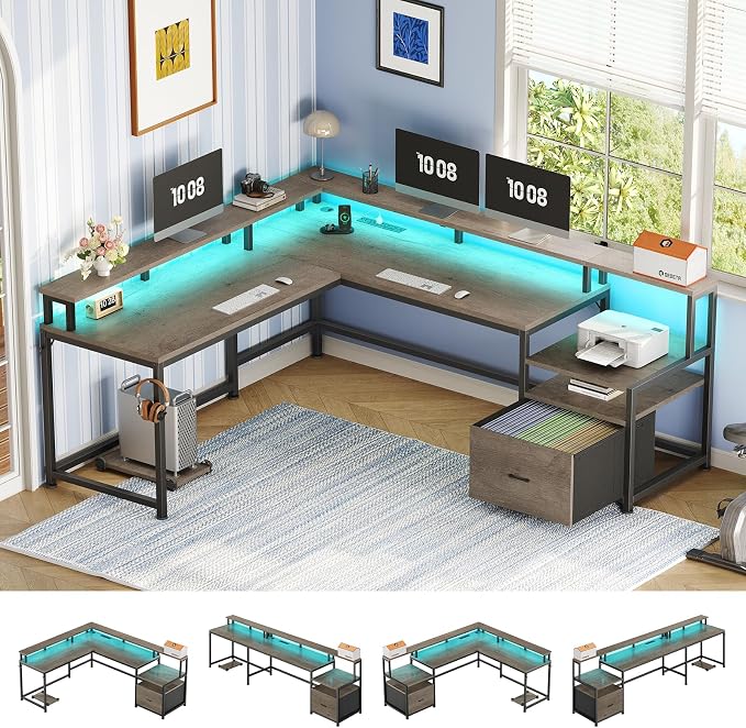 SEDETA 66" Reversible L Shaped Computer Desk with Power Outlet, File Drawer | Home Office Desk with Monitor Shelf, Storage Shelves, LED Lights for Corner Small Spaces, Gaming, Walnut