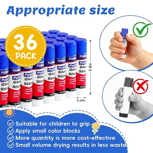 36 Pack Glue Sticks Bulk for Kids, Disappearing Purple Glue Sticks for Classroom and Teacher Supplies.0.18 OZ kids glue Dries Clear, Non-Toxic, Washable, Back to School Supplies and Student Must Haves