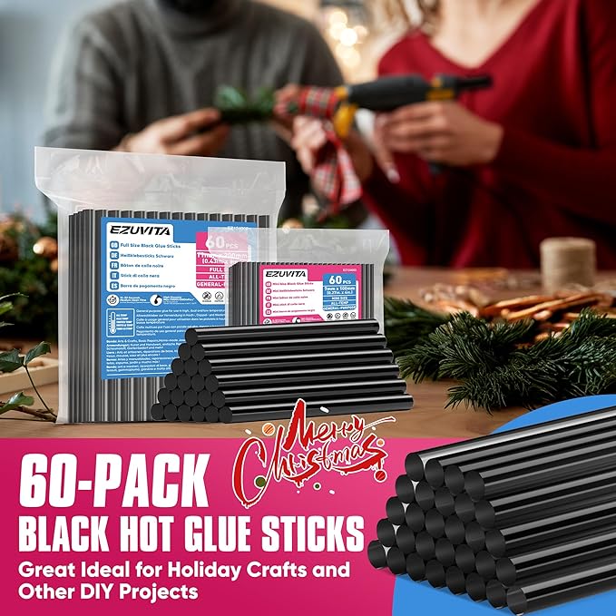 EZUVITA Mini Size Hot Glue Sticks, 0.27” Dia x 4” Long, 60-Pack Black Hot Melt Glue Gun Sticks for All-Temp Mini Glue Guns, Multipurpose for DIY Art Craft General Repairs, Festival Decorations