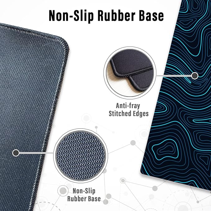 Ovenbird Gaming Mouse Pad with Stitched Edges, Topographic Map Blue Extended XL Mousepad with Anti-Slip Base, Cool Large Mouse Pad for Desk, 31.5 x 11.8 in, Blue
