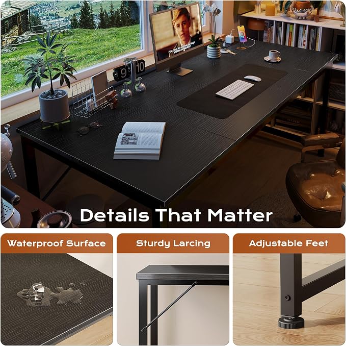 63 X 30 Inch Extra Deep Desk with Power Outlets | Long Computer Desk for Bedroom, Office Desk for Work from Home, Writing Study Gaming Table, Stable Metal Frame, Black