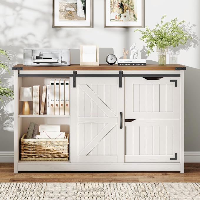 Halitaa 47.8” Farmhouse File Cabinet with Sliding Barn Door, Off White | Lateral Filing Storage Cabinets with Adjustable Shelf, 3 Drawers,Office Printer Stand for Hanging Files Letter/Legal/A4/F4