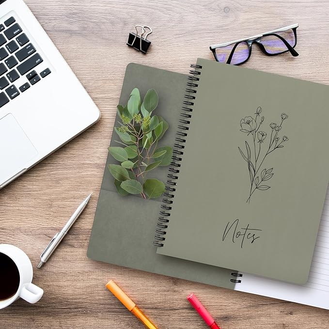 Aesthetic Spiral Notebook Journal For Women - Cute Dark Green 10.5 x 8.5 College Ruled To Do List Notepad With Large Pockets - Perfect to Stay Organized and Boost Productivity at Work or School