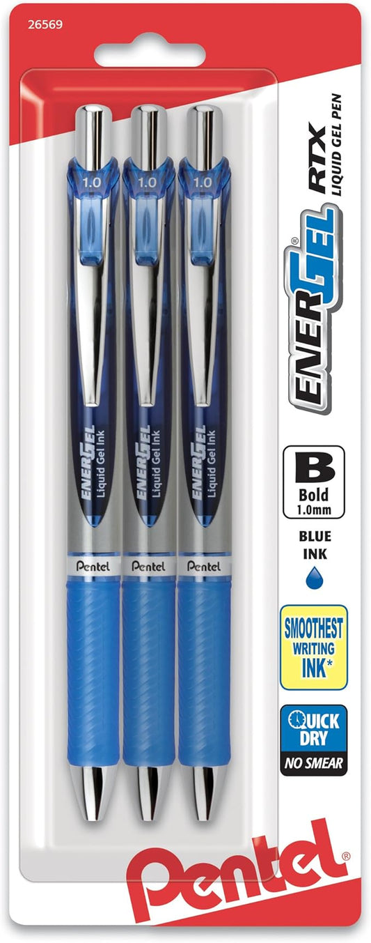 Pentel EnerGel RTX Retractable Liquid Gel Pen, Bold Line, Metal Tip, Blue Ink 3Pk (BL80BP3C)