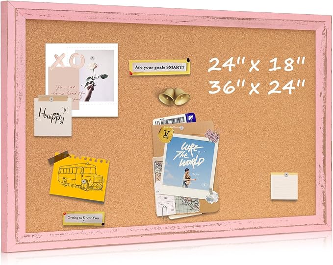 Cork Board Bulletin Board, 24"x18" Corkboard for Wall | Pink Wooden Frame, Decorative Pin Board, Message Board, Notice Board, Vision Board for Home, Office, Kitchen