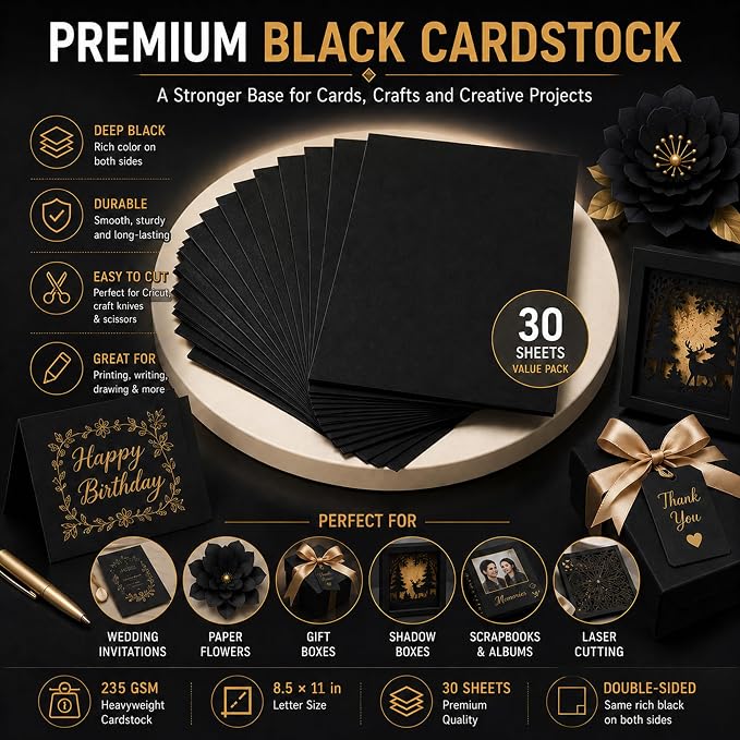 Black Cardstock 8.5 x 11, Black Construction Paper_85Lb_30 Sheets | Heavy Black Card Stock Paper, Thick Printer Cardstock Paper 8.5 x 11 for Invitations, Scrapbooking and Creative Paper Crafts.