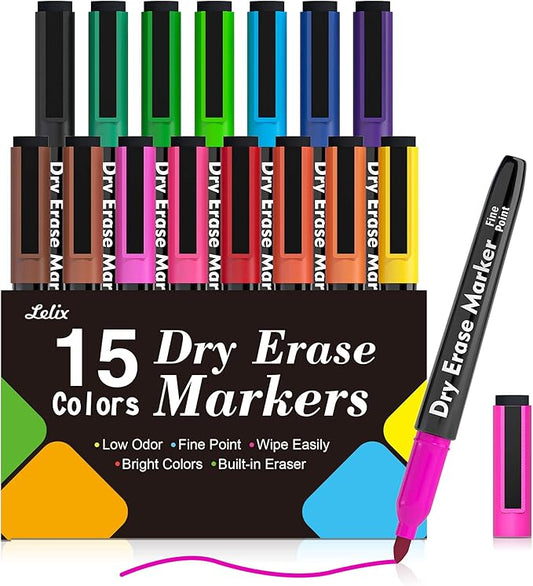 Lelix 15 Colors Dry Erase Markers, Magnetic Whiteboard Markers Fine Point with Eraser for Back to School, Office, Home Perfect for Writing on White Board, Dry Erase Board, Mirror, Glass