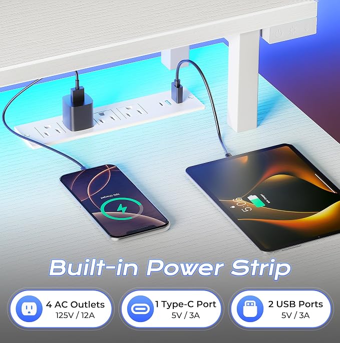 63 inch Gaming Desk, LED & Power Outlets, Monitor Stand, White | Sturdy PC Desk for Home Office, Study & Work, LED Lights, 4 AC Outlets & USB-C Charging Station