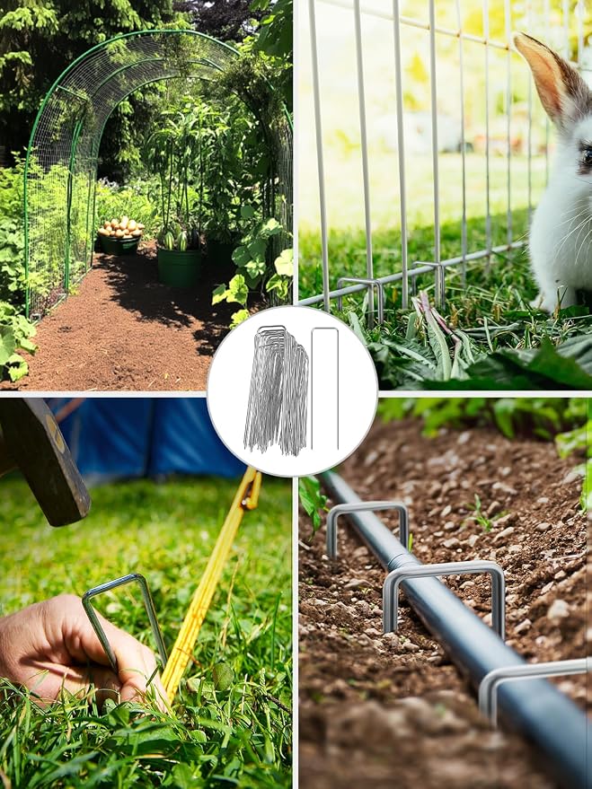 GROWNEER Landscape Staples 4 Inch, 50 Pack 11 Gauge Galvanized Steel Garden Pins for Weed Barrier Fabric, Secures Lawn Edging, Anchors Yard Decor