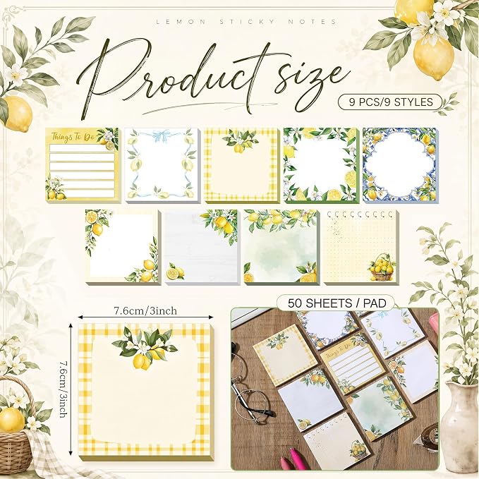 9 Pads Lemon Sticky Notes, 3x3 Inch Cute Stick Notepads | Adhesive Memo Notes Pad, Coworker Gifts, Office Supplies Decor, Desk Accessories for Students, Teacher, Meeting