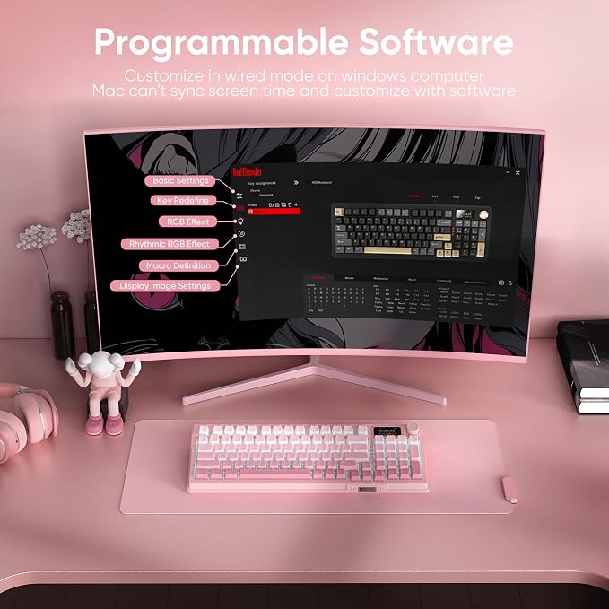 RedThunder K95 Wireless Mechanical Keyboard, TFT Screen & Knob, Triple-Mode, Custom Gasket Mount Hot-Swap, Pre-lubed Linear Pink Switches, RGB Backlit, Side-Printed PBT Keycaps, Gradient Sakura Pink