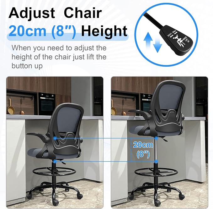 Drafting Chair Tall Office Chair with Flip-up Armrests Executive Ergonomic Computer Standing Desk Chair with Lumbar Support and Adjustable Footrest Ring（Dark Gray）