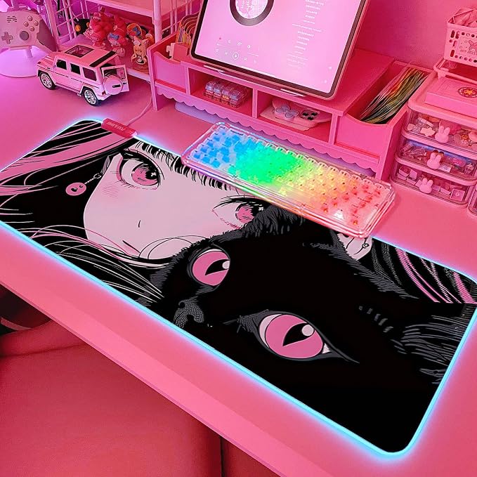 JMIYAV Pink RGB Gaming Mouse Pad 31.5x12 Inch PC XL Large Extended Glowing Led Light Up Desk Pad Non-Slip Rubber Base Computer Cute Mousepad Mat Desk Accessories Gaming Setup Punk Heart