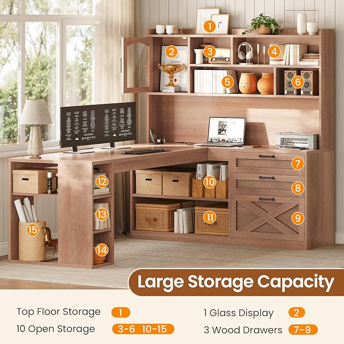 SEDETA 61" L Shaped Office Desk with Drawers and Storage, Light Brown | Computer Desk with Storage Shelves and Power Outlet, Corner Gaming Desk with LED Light and Display Cabinet for Home Office