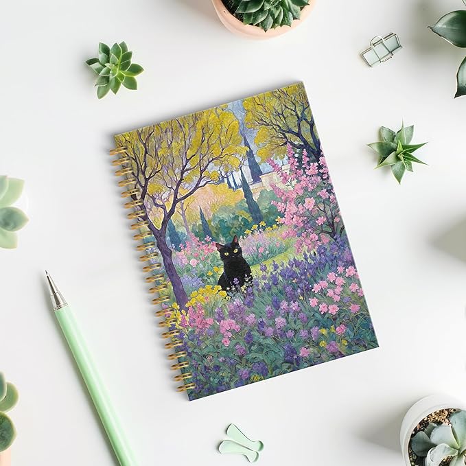 Garden Floral Black Cat Spiral Notebook, Black Cat Gifts Journal, Cats Lovers Mom Lady Gifts Journal Notebook, 5.5x8.3 Inch