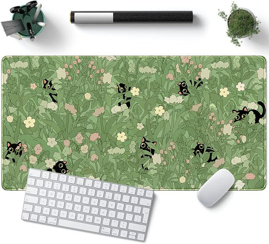 YKJWW Green Desk Mat Cat Cute Flower Plant Cool Desk Pad XXL Keyboard Mat | Desk Mat for Women Office Gamer Home Decor Supplies Desk Accessories Pad Non-Slip Mousepad with Stitched Edge Mat 31.5x15.7in